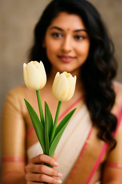 Ikko Tulip Bunch for Vase & Home Decor, for Living Room Corner Table White Tulips Artificial Flower
