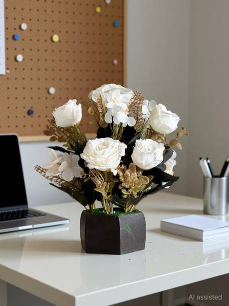 Litleo Wooden Pot with Multi-Design Dry Perfect Home Office Gift, Elegant Décor Delight White Rose Artificial Flower  with Pot
