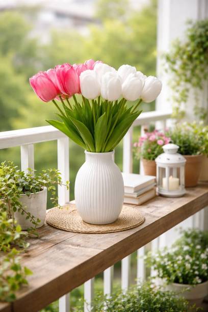 BloomFable Artificial Pink & White Tulip Flower bunch for Home Décor Pack of 6 Multicolor Tulips Artificial Flower