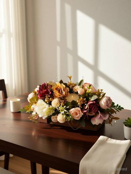 Floregance WOODEN BASE RECTANGULAR ARRANGEMENT Multicolor Chrysanthemum, Dahalia, Rose, Peony Artificial Flower  with Pot