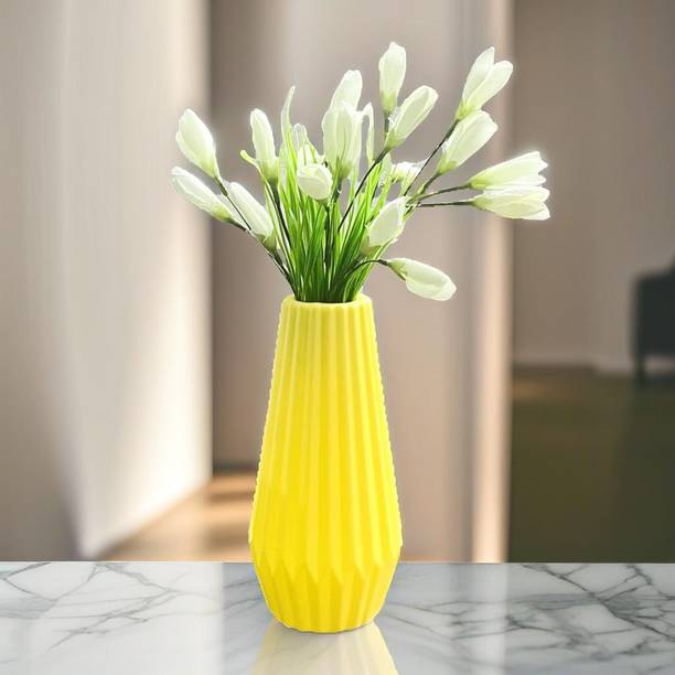 Akaar Artificial White Tulip Bunch with Yellow Vase in Hard Plastic White, Yellow Tulips Artificial Flower  with Pot