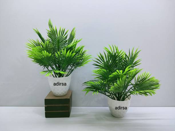 ADIRSA Artificial Palm Leaf Plant with White Pot Bonsai Potted Plastic Faux Green Grass Green Wild Flower Artificial Flower  with Pot