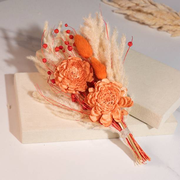 Art Street Dried Pampas Grass and Orange Artificial Flowers Bouquet Boho Dried Flower Beige, Orange Dried Sticks, Rose Artificial Flower