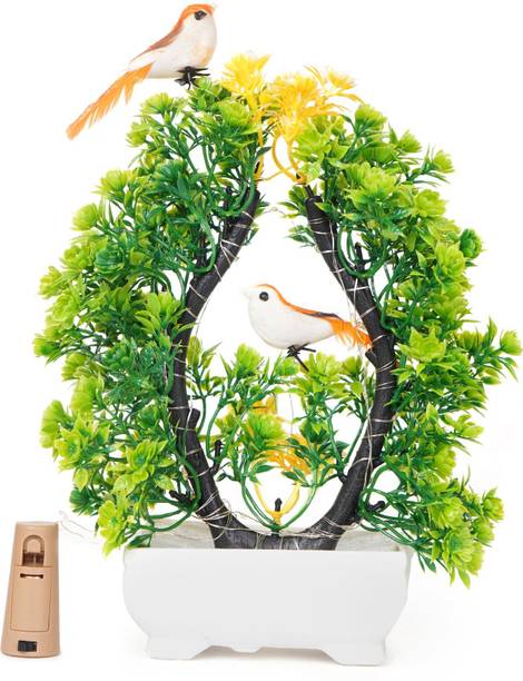 POKA Artificial Flower With Bird & Light for Home, Room, Bedroom, Office & Weddings. Green, Brown Wild Flower Artificial Flower  with Pot