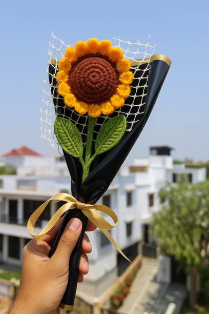 Clapjoy Crochet Sunflower Bouquet – Handmade Wool Flower with Black Wrap & Cute Ribbon Yellow Sunflower Artificial Flower