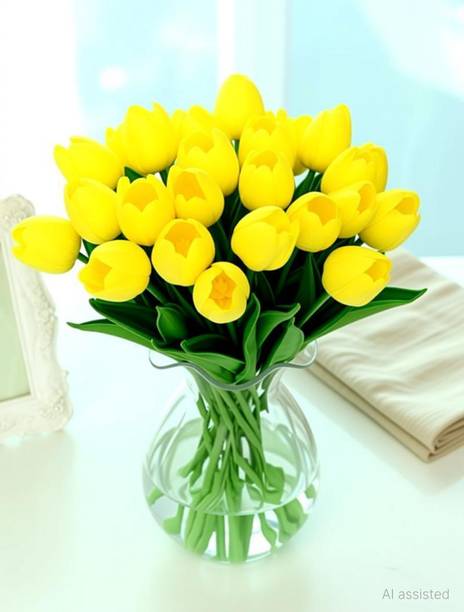 Satyam Kraft 10 Sticks Artificial Flower Rubber Tulip for Bouquet Decor,DIY Flower Sticks Yellow Tulips Artificial Flower