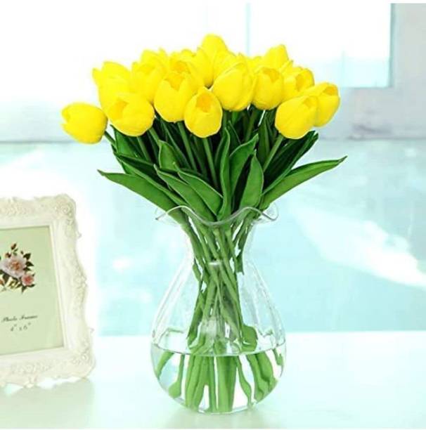 Satyam Kraft 10 Sticks Artificial Flower Rubber Tulip for Bouquet Decor,DIY Flower Sticks Yellow Tulips Artificial Flower