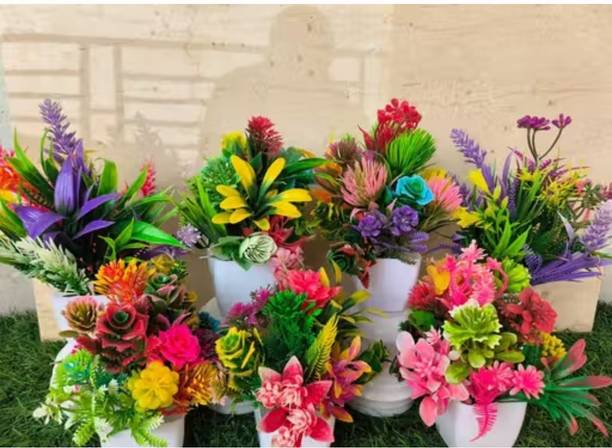 brozzo Artificial Plants for Home Office Décor-Pack of 4 Multicolor Wild Flower Artificial Flower with Pot
