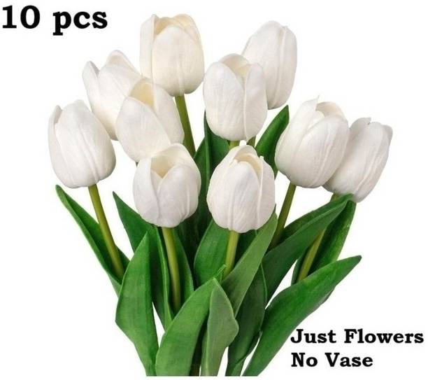 Aksh Enterprises 10 pcs Realistic Look Fake Faux White Tulips Artificial Flower