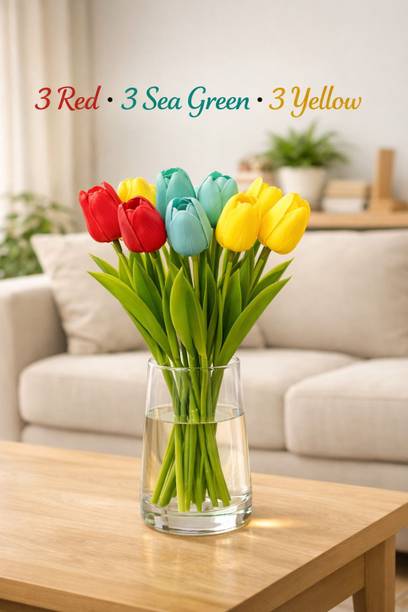 home deco Multi artificial tulips flowers realistic set of 9 perfect for home decor Yellow, Red, Blue Tulips Artificial Flower
