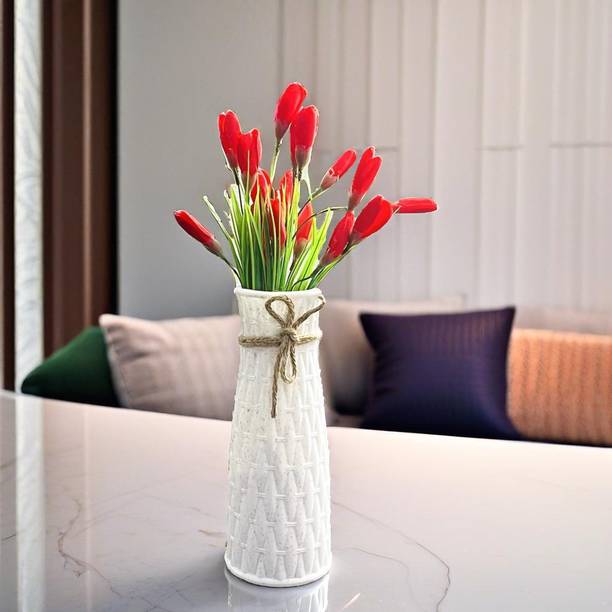 Akaar Artificial Red Tulip Bunch with White Vase in Hard Plastic Red, White Tulips Artificial Flower  with Pot