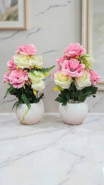SHYAM Pink, White Rose Artificial Flower  with Pot