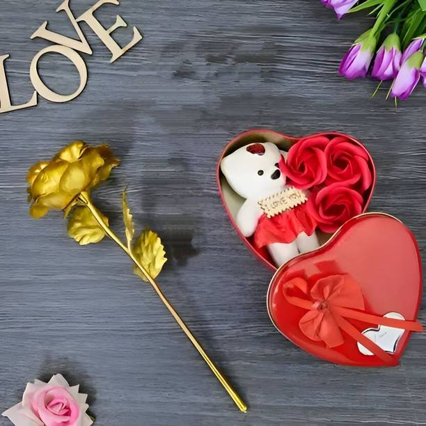 LoveGift Golden Rose with Heart Shape Gift Box – Romantic Love Gift for Girlfriend, Wife2 Gold Rose Artificial Flower