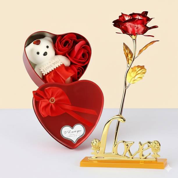 LoveGift Red Golden Rose with Love Stand & Heart Shaped Gift Box | Rose Love Gift Set Red Rose Artificial Flower  with Pot