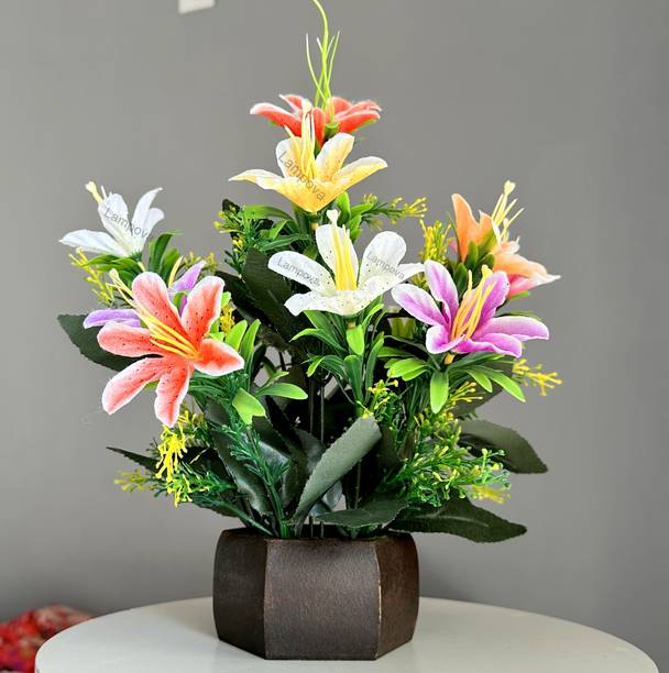 Lampova Great for home office or gift with Wooden pot Multicolor Lily Artificial Flower  with Pot