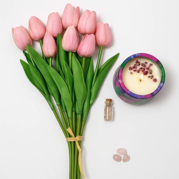 Ikko Gifting combo for Her | Artificial Pink Tulip, Healing Candle & Rose Quartz Pink, Multicolor Tulips Artificial Flower