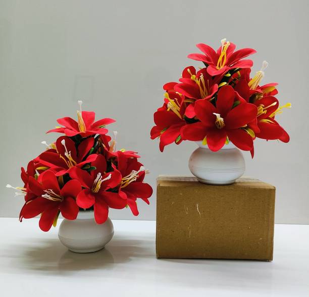 ADIRSA Artificial Red Lily Flower | Faux Flower Plant for Home Office Decor Red Lily Artificial Flower  with Pot