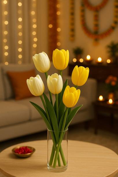 इक्को Tulip Bunch for Vase & Home Decor, For Living Room, Corner Table, Off सफेद, पीला ट्यूलिप नक़ली फूल