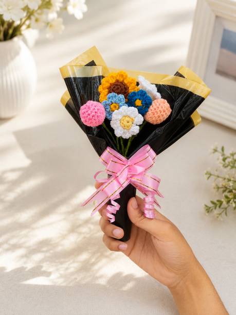 Indus and Trends BloomCharm Mini Crochet Bouquet Multicolor Tulips, Daisy, Sunflower Artificial Flower