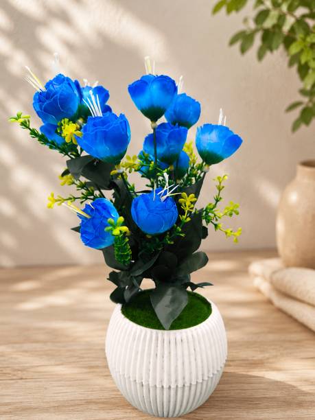 BloomNest Living Artificial Blue Rose Flower Arrangement with Decorative Pot Blue Camellia Rose Artificial Flower  with Pot