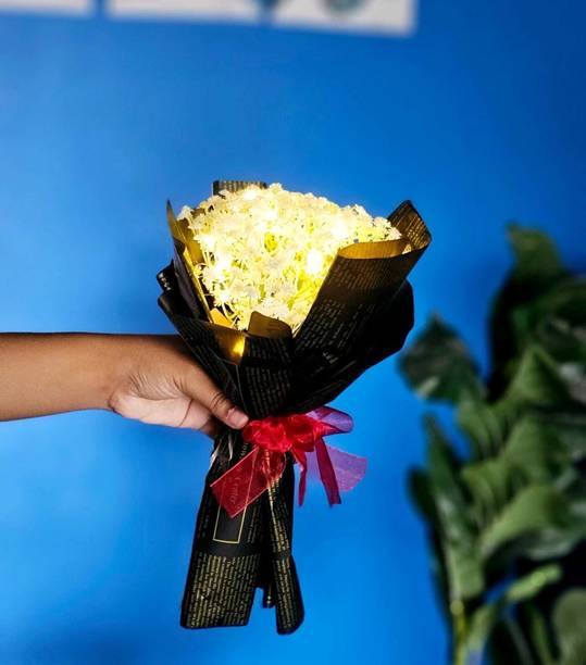 prajna PRAJNA 1 Pc White Rose Bouquet with Light for Gift, Home & Wedding Decor White Rose Artificial Flower