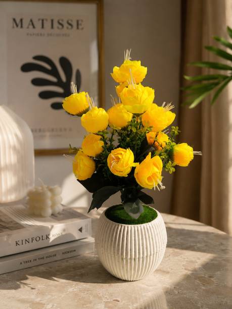 BloomNest Living Artificial Yellow Rose Flower Arrangement with Decorative Pot Yellow Camellia Rose Artificial Flower  with Pot