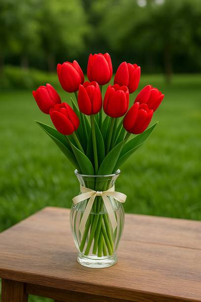Ikko Tulip Bunch for Home Decoration, For Living, Room, Corner Table, Real Feel Red Tulips Artificial Flower