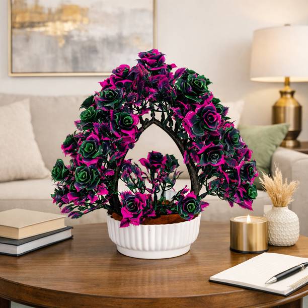 CLASSYDECOR Purple, Green Rose Artificial Flower with Pot
