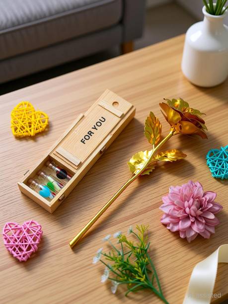 LoveGift Golden Rose with Wooden Box & 7 Message Pills | Love Gift for Girlfriend, Wife Yellow Rose Artificial Flower