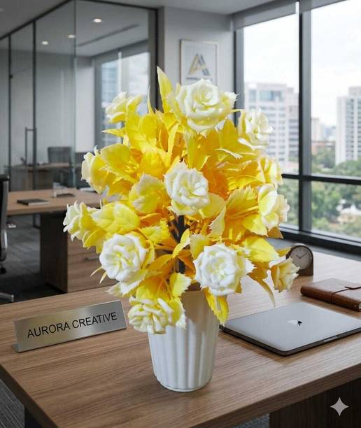 Kismis Enterprises 369852 Yellow Rose Artificial Flower  with Pot