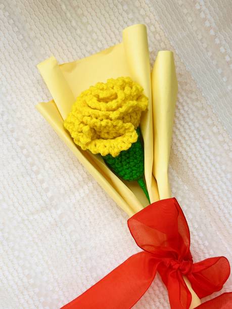 ziva Handmade Crochet flower bouquet Yellow Rose Artificial Flower  with Pot