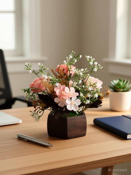 Litleo wooden pot mix design flower for home office gift Pink Rose Artificial Flower  with Pot