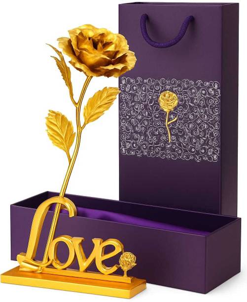 LoveGift Golden Rose with LOVE Stand | Love Gift for Girlfriend, Wife Gold Rose Artificial Flower