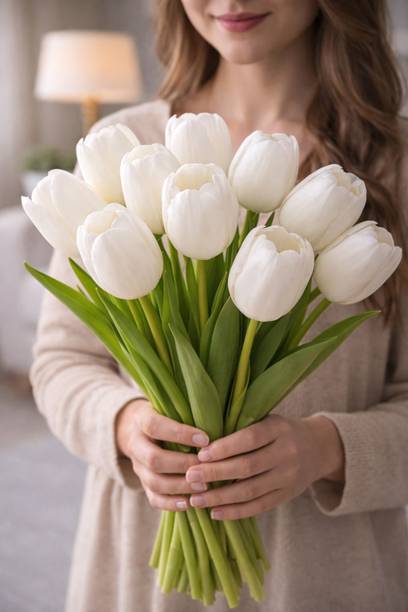 Bruncha Artificial White Tulip Flower plants for home and office decore White Tulips Artificial Flower
