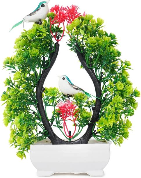 POKA Artificial Flower With Bird for Home, Room, Bedroom, House, Office & Weddings Green, Red Wild Flower Artificial Flower  with Pot