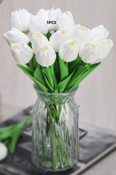 TRUJVE 5Pc Artificial Tulip Flowers Bunches For Vase Home Decoration For Living Room White Tulips Artificial Flower