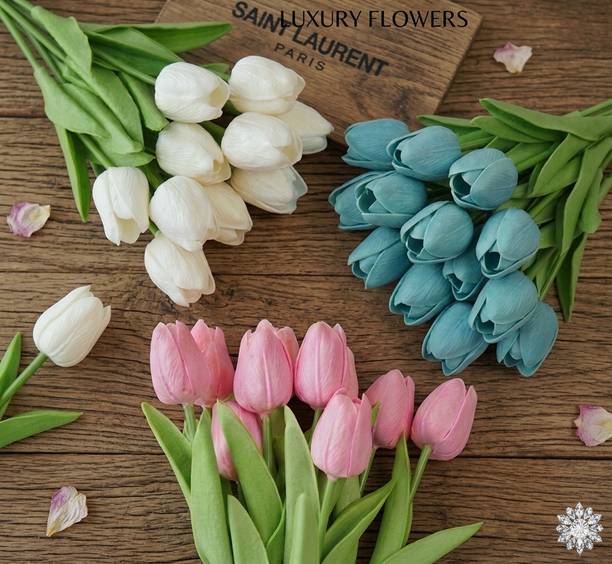 Yakshaa Traders 6 Pcs Artificial Tulip Flowers for Home Decor (2 Pink, 2 White, 2 Teal Blue) Multicolor Tulips Artificial Flower