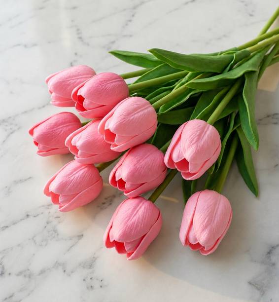 Craftlix 6 Pcs Real Touch Artificial Pink Tulip Flowers for Home, Table & Office Decor Pink Tulips Artificial Flower
