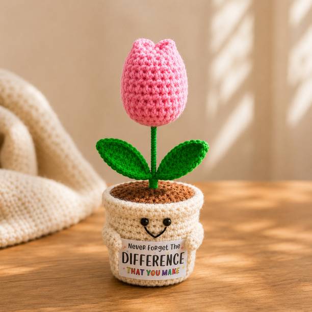 Mooz Handmade Crochet Sunflower Pot with Motivational Message 7 Inch Pink Tulips Artificial Flower with Pot