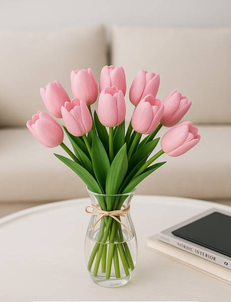 Ikko Tulip Bunch for Vase & Home Decorations, Lily For Living Room Corner Table Pink Tulips Artificial Flower