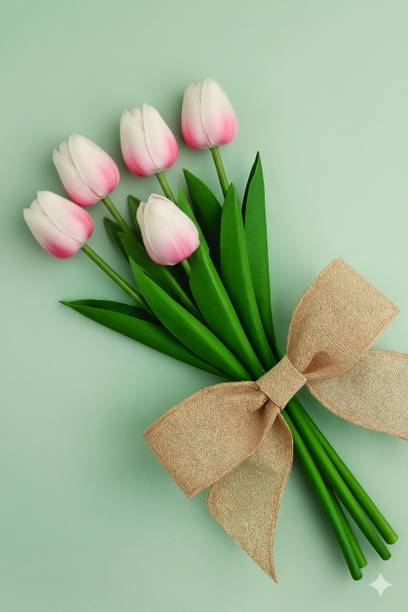 गलकसीगलो 5 Pcs White-Pink Tulips – Festive, Home & Table Decor (No Vase, Flowers) सफेद, गुलाबी ट्यूलिप नक़ली फूल