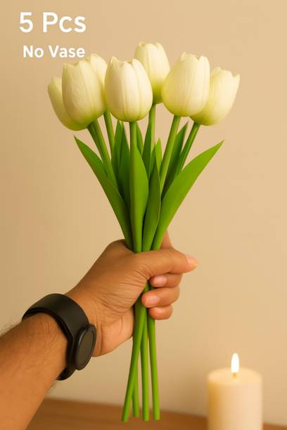 GalaxyGlow 5 Pcs White Tulip Flowers for Home, Wedding, Table & Office Decoration White Tulips Artificial Flower