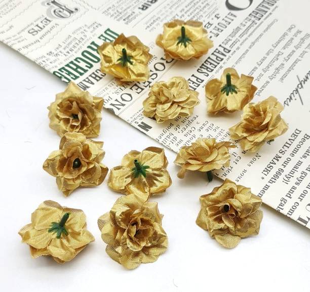 Satyam Kraft 12 Pcs Artificial Eden Rose Fabric Head Flowers for Decor, Bouquet Making Items Gold Rose Artificial Flower
