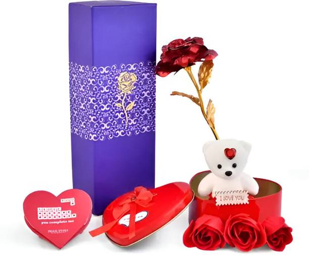 LoveGift Red Golden Rose with Heart Shape Gift Box | Valentine Day Gift Gold Rose Artificial Flower