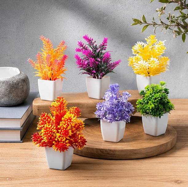 ARTRADERS The DeskBuddy Collection: 6-Pack Multicolor Faux Greenery Set Bonsai Artificial Plant  with Pot