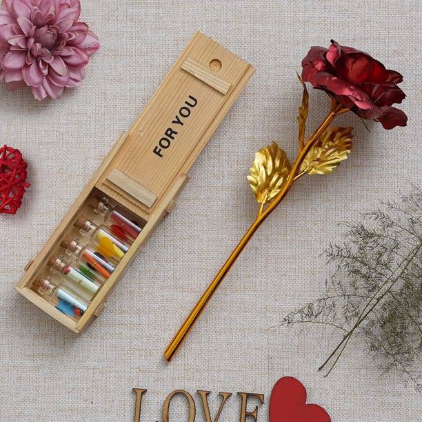 LoveGift Red Rose with Wooden Box & 7 Message Pills | Romantic Gift for Girlfriend, Wife Red Rose Artificial Flower