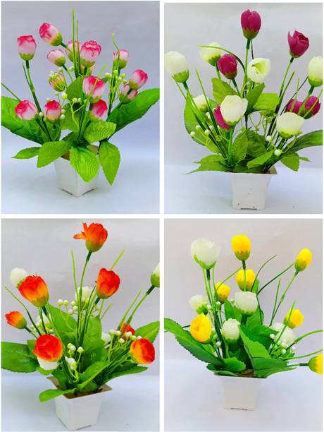 Teena TEENA Attractive Tulip Artificial Flower Plant for Home Office Decoration Multicolor Tulips Artificial Flower  with Pot