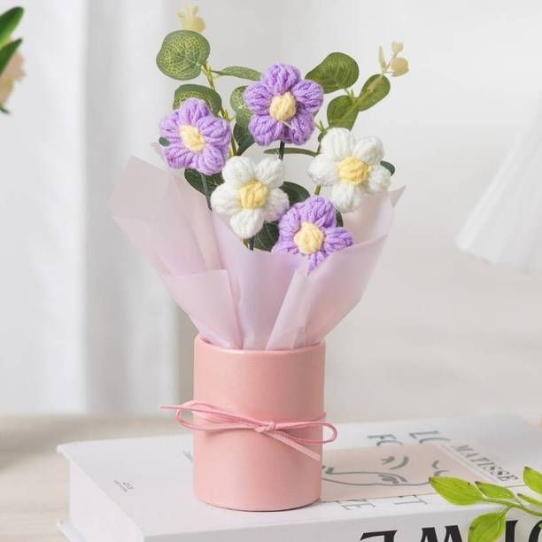 म्प्रो 1 Pcs Artificial Daisy Crochet Flower Bouquet with Pot | Home Decor,Table,Gift बैंगनी डेज़ी नक़ली फूल पॉट के साथ