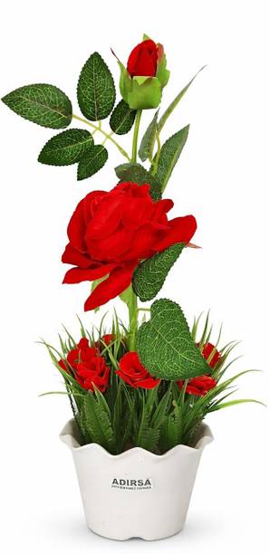 ADIRSA Artificial Red Rose Plant in White Pot – Decorative Tabletop Flower Arrangement Red Rose Artificial Flower with Pot