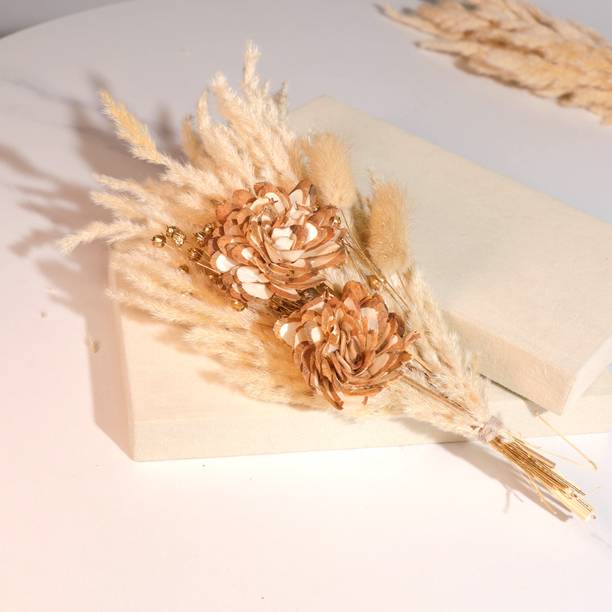 Art Street Dried Pampas Grass and Gloden Artificial Flowers Bouquet Boho Dried Flower Beige, Gold Dried Sticks, Rose Artificial Flower